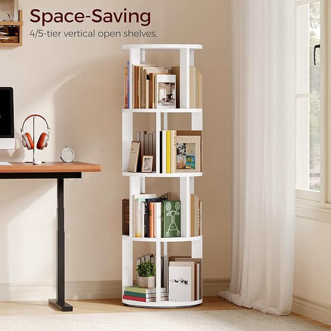 MAHANCRIS 4-Tier Rotating Bookshelf, 360° Spinning Bookshelf Tower, Floor Standing Round Revolving Bookcase, Display Rack for Books, CDs, for Living Room, Study, Bedroom, White BKWT6401