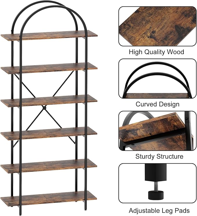 Arbuxzuy 6 Tier Bookshelf, 83" Tall Arched Bookcase, Tall Book Shelf with Metal Frame, Industrial Display Standing Shelf for Living Room, Home Office, Bedroom, Brown