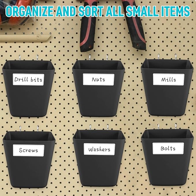 G.CORE Large Pegboard Cups Peg Board Storage Bin 6 Pack with Hooks, Square Box Shape Pegboard Cup Holder Accessories for Garage Workbench/Craft Room/Office/Playroom/Home Kitchen Organization (Black)