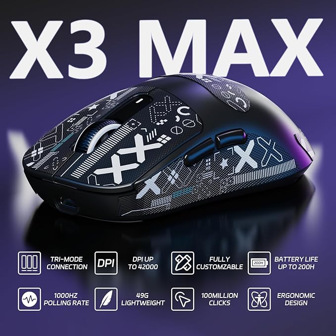 ATTACK SHARK X3MAX Wireless Gaming Mouse,PixArt PAW3950 Gaming Sensor,Up to 42K DPI,100 Million Micro,49g Lightweight Tri-Mode(BT5.2/2.4Ghz/Wired) Mice with Coiled Cable-Black&Tape
