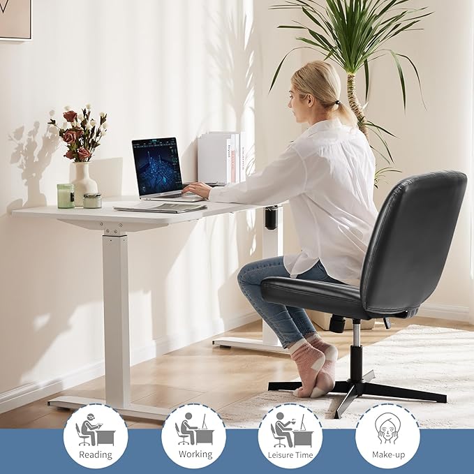 DUMOS Desk Chair No Wheels, Criss Cross Chair Wide Cross Legged Office Desk Vanity Chair, PU Leather Armless Adjustable Swivel Chairs for Home Computer Task Black