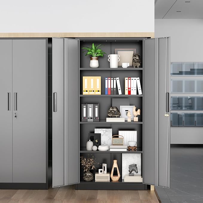 Greenvelly Metal Storage Cabinet,72 Inch Lockable Storage Cabinet with Doors and 4 Adjustable Shelves,Garage Storage Cabinet for Home,School,Gym(Black Grey)