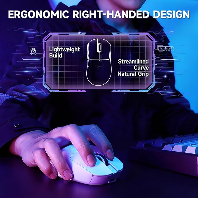 AJAZZ NJ08 Wireless Gaming Mouse 70g Lightweight, 12800 DPI, RGB Strip, 3-Mode Connection 2.4G/Bluetooth/Wired, 1000Hz Polling Rate, Ergonomic Right-Handed Design for PC, Mac, Windows, Laptop (White)