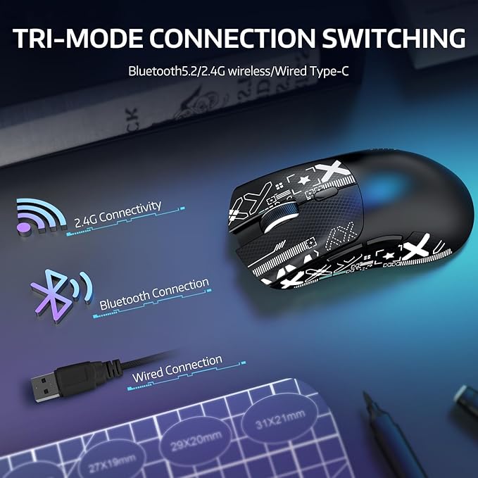 ATTACK SHARK R1 Wireless Gaming Mouse,Tri-Mode Connection (2.4G/Wired/BT5.2),55g Lightweight,18K DPI Optical Sensor,HUYU 20 Million Key Life,Ergonomic Design,for PC/Laptop/Win/Mac(Black+Sticker)