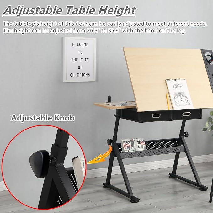 Drafting Table with Stool, Height Adjustable Drawing Table Art Table Painting Table Art Craft Desk with 0-75° Tilting Tabletop and Storage Drawers, Brown