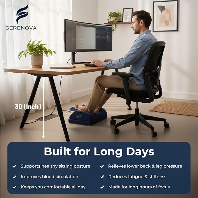 Ergonomic Under Desk Footrest with Massage – Adjustable Posture Support Footrest with Gentle Shiatsu and Vibration for Long Sitting, Office and Work from Home Desk Use – Serenova