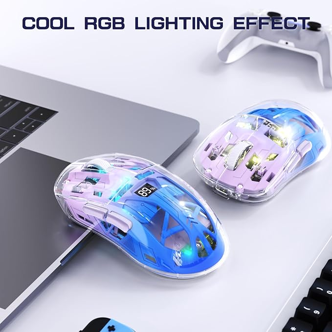 FREEWOLF A2 Transparent Wireless Gaming Mouse,Dual Mode BT 5.0/2.4G PC Gaming Mice,PixArt 3212 5 Adjustable DPI,Rechargeable Silent Mouse with Digital Screen,RGB Backlight Mouse for Win/Mac(Purple)