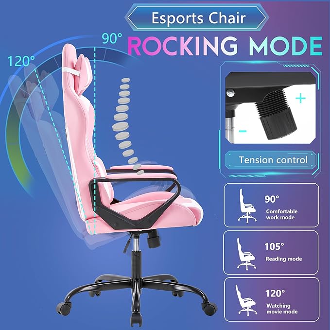 PayLessHere Ergonomic Racing Desk Chair Gaming Chair Computer Chair with Armrests 360° Swivel & Caster Pu Desk Task Chair Executive Headrest Lumbar Support for Back Pain Women Men and Adults,Pink