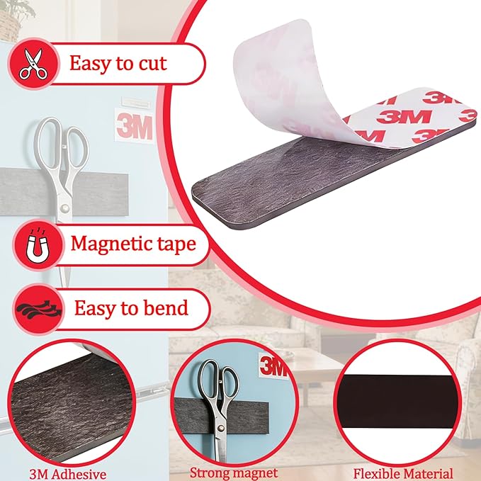 16Pack Magnetic Strip, Magnetic Tape with Adhesive Backing, Magnet Strips Heavy Duty (3" X 1") Strong Adhesive Magnetic Strips for DIY, Fridge, Whiteboard, Crafts, Signs, Cabinet（Rounded Corners）
