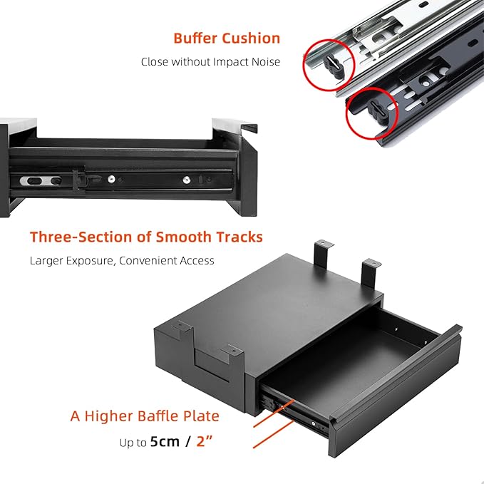 Under Desk Drawer 18", Pull-out Storage Organizer with Tall Brackets Mounted Under Wooden Table with a Max 2" Crossbar, Black_Tall Version