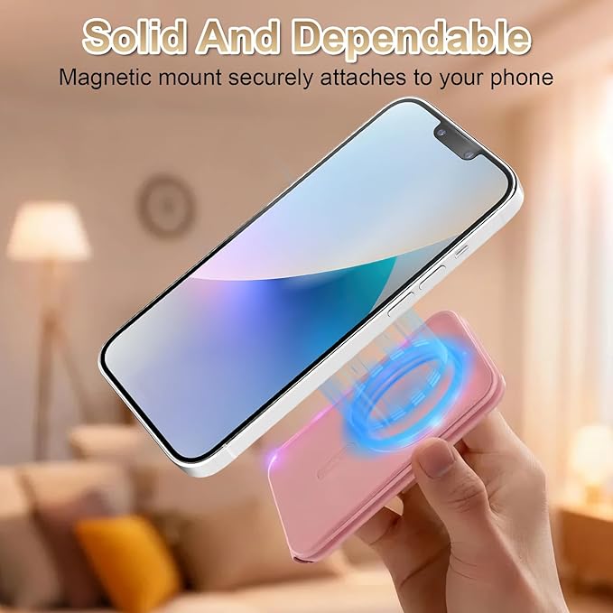 Magnetic Phone Stand, Compatible with All Smartphones 17/16/15/14/13/12 Series, Slim PU Leather Desk Stand with Angle Adjustment, Portable & Includes 1 Strong Magnetic Ring for Any Phone(Pink)