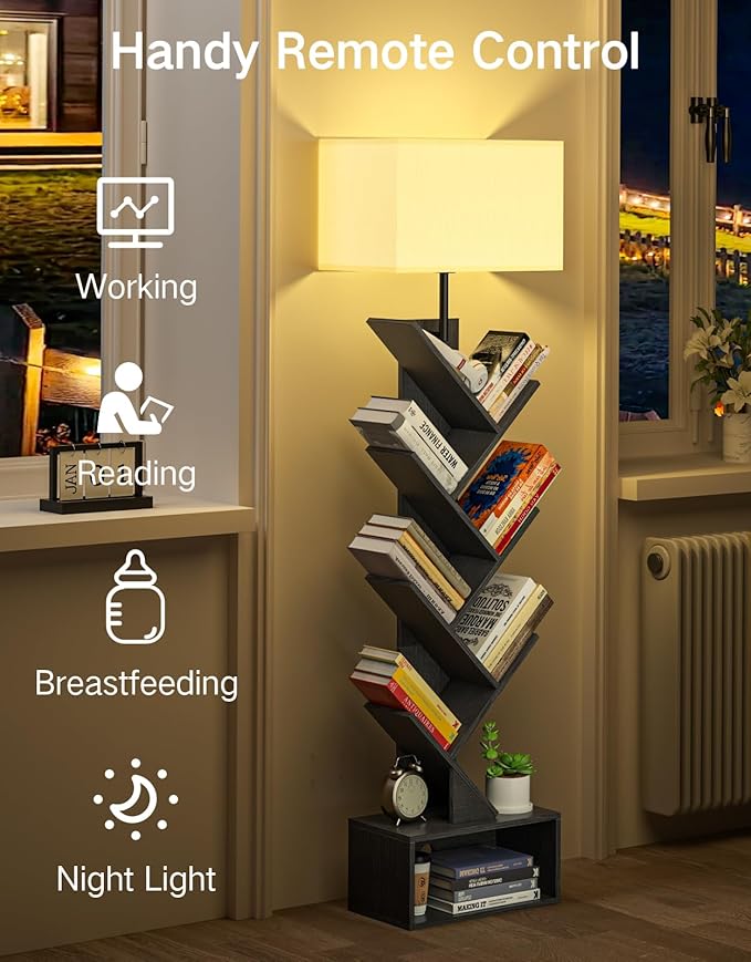 6 Tier Tree Bookshelf with Light, Remote & Timer, Modern Tall Floor Standing Book Shelf, Narrow Wood Bookcase, Small Book Organizer Shelves for Living Room, Bedroom, Office (Black)