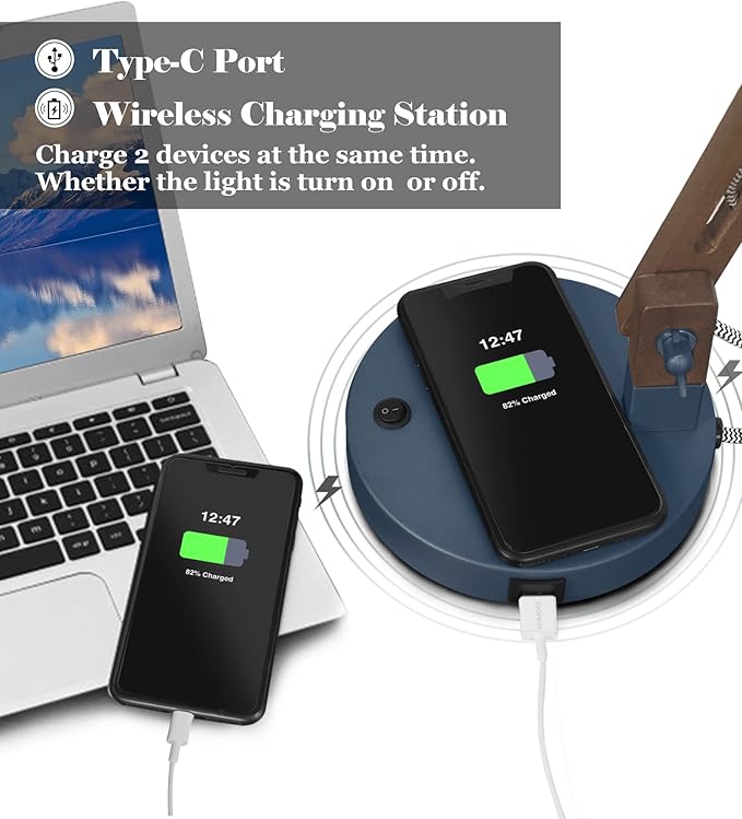 ELYONA Sapele Wood Desk Lamp with Upgraded Wireless Charger, Swing Arm Table Lamp with USB C Charging Port, Reading Task Light for Bedroom, Dorm, Office, Living Room, LED Bulb Include, Modern Blue