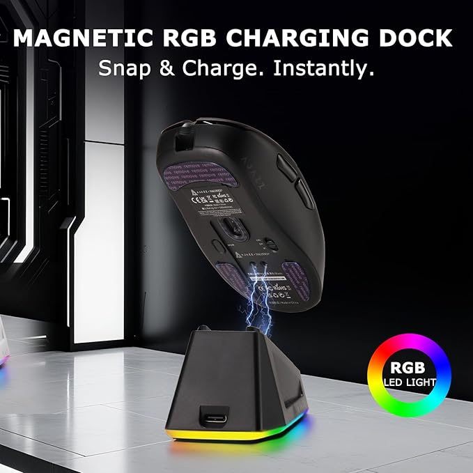 AJ159P MC Wireless Gaming Mouse, 12000 DPI, Tri-Mode 2.4G/Bluetooth/Wired, Magnetic RGB Charging Dock, 56g Ultra-Light, Programmable 6 Buttons - Perfect for Gaming, Work & Travel (Black)