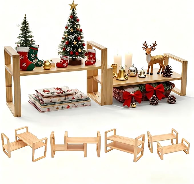 Desk Shelf, 100% Solid Wood Adjustable Desktop Bookshelf, No Tools, Nails or Glue Required for 130lb Load Capacity for Living Room, Office, Books, Cookbooks, Interlocking Joints Nature Pine Color