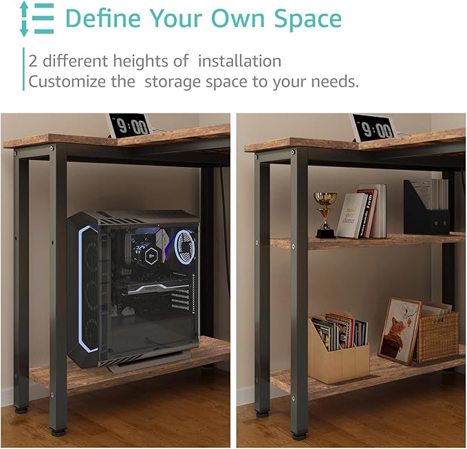 Lufeiya L Shaped Computer Desk with Drawers & Storage Shelves, 63 Inch Corner Desk with Power Outlet for Home Office Bedroom, L-Shaped Teen PC Gaming Desks with Fabric Drawer, Rustic Brown