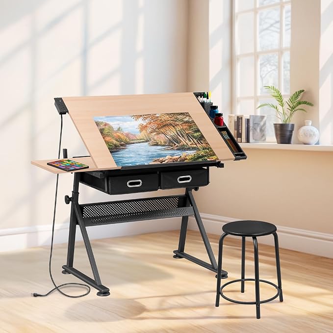 JupiterForce Drafting Table Art Desk w/Power Outlet and Stool, Adjustable Tilting Drawing Table Artist Desk with 2 Storage Drawers, Art Craft Work Station for Home Office Working, Writing, Crafting
