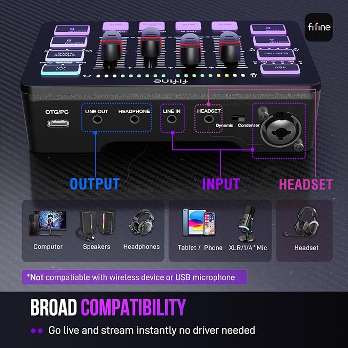 FIFINE Recording Vocal Low Profile Bundle with Arm Stand, Dynamic XLR/USB Mic, Gaming Audio Mixer, Wired Over-Ear Headphone for Podcast, Streaming, Game Voice, Music Creation