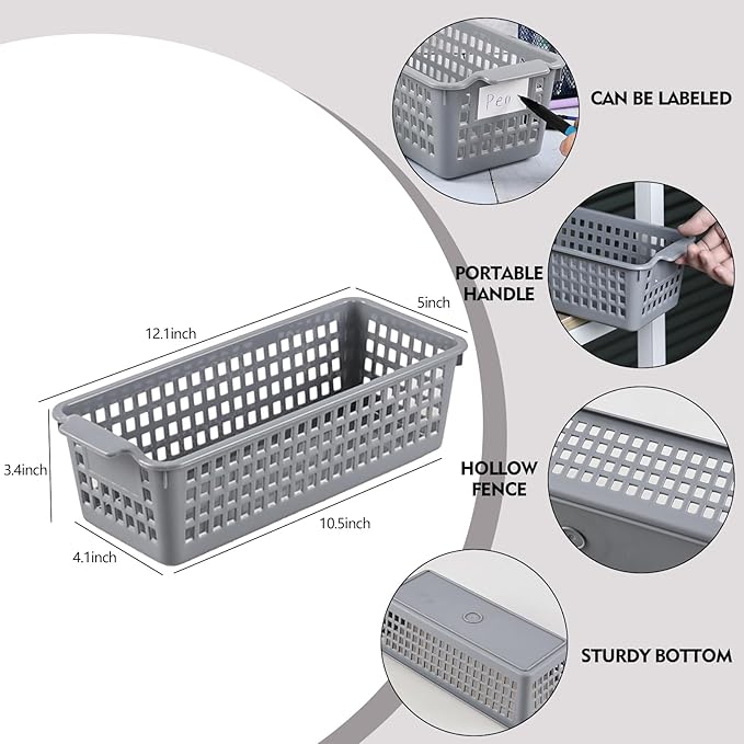 Ggbin 6 Packs Plastic Slim Storage Basket, Small Desktop Storage Basket Bins, Grey