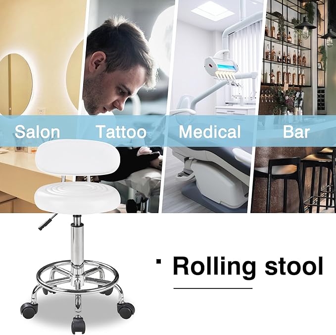 VECELO Home Office Desk Chair with Backrest & Wheels | PU Leather Rolling Office Chair for Drafting, Salon, Spa(White, with Back)