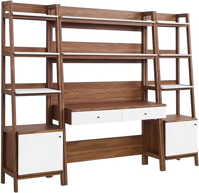 Modway 3-Piece Home Office Desk and Bookshelf Display Case in Walnut White