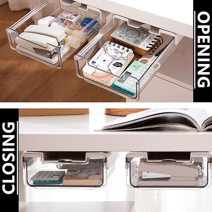 RHBLME 5 Pack Under Desk Drawer, Under Shelf Drawers Slide Out Self-Adhesive Standing Desk Drawer Attachment, Plastic Workspace Organizers for Office Home School