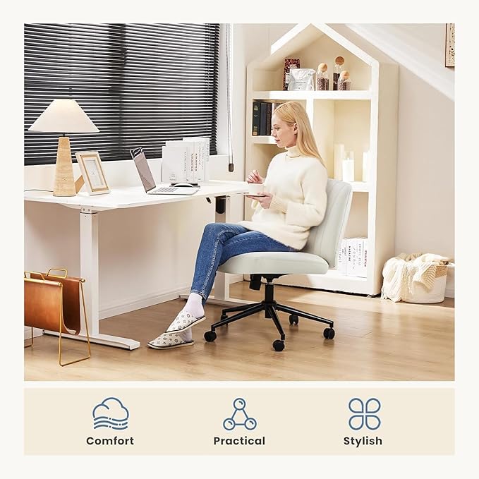 DUMOS Criss Cross Chair with Wheels, Legged Office Armless Wide Desk Seat Dual-Purpose Base, Adjustable Swivel Leather Task Vanity Home Office Desk Seating, Cream