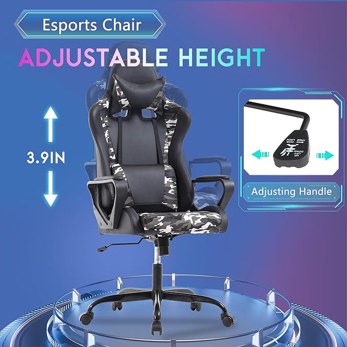 PayLessHere Ergonomic Racing Desk Chair Gaming Chair Computer Chair with Armrests 360° Swivel & Caster Pu Desk Task Chair Executive Headrest Lumbar Support for Back Pain Women Men and Adults (Camo)