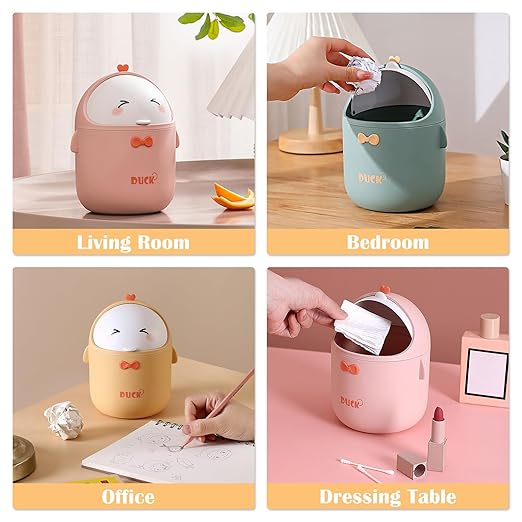Cute Desktop Trash Can Wastebasket with 90 Trash Bags, Creative Mini Countertop Garbage Can with Lid, Small Plastic Storage Bin for Home Kitchen Dressing Office Kids Bedroom(Yellow)