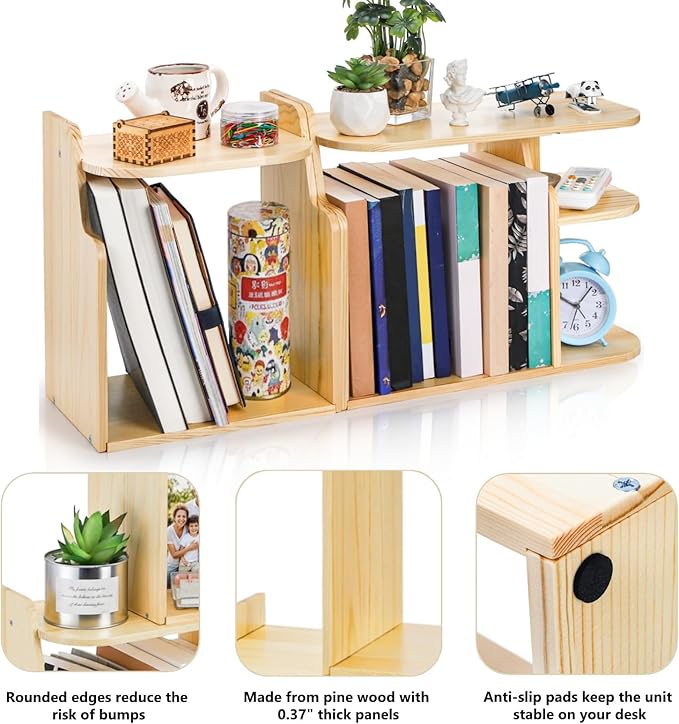 Desk Shelf Organizer, Adjustable Wood Desktop Organizers, Office Storage Rack, Small Tabletop Bookshelf, Freestanding Corner Display Shelf, Multi-Combination Desk Hutch for Dorm Home Study