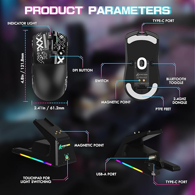 ATTACK SHARK X1 Ultralight Wireless Gaming Mouse with Magnetic RGB Charging Dock,Anti Slip Grip Tape,PixArt PAW3395 Pro Sensor,40000DPI,BT/2.4Ghz/Wired,Optical Micro Switch for PC Mac Gamer(Black)