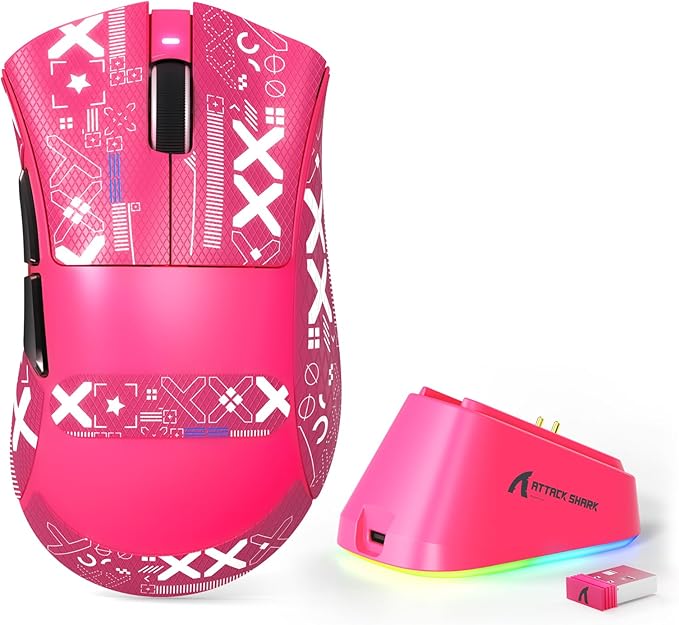 MAMBASNAKE Attack Shark V3 PRO 62g Superlight Wireless Gaming Mouse,RGB Charging Dock,BK52820 Tri-Mode BT/2.4G Wireless/Wired Mouse with Grip Tape,25000DPI,5 Programmable Buttons for Pc/Mac,Red PRO