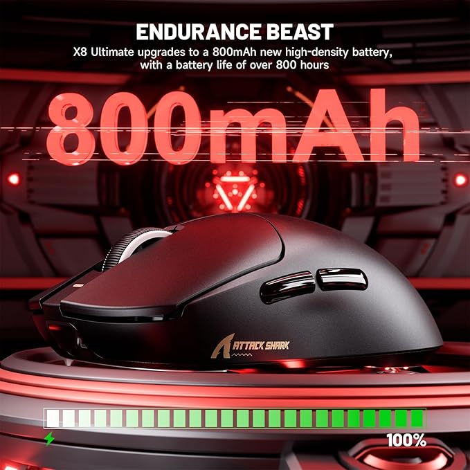 ATTACK SHARK X8 Ultimate Wireless Gaming Mouse,PAW3950MAX 42K DPI Sensor,Nordic 54L15 MCU,Wireless/Wired Dual 8K Polling,Optical Switch,59g Lightweight 2.4GHz/BT/Wired Mice with Coiled Cable-Black
