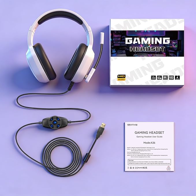 7.1 Gaming Headset with Microphone for Pc, Xbox One Series X/s, Ps4, Ps5, Switch, Stereo Wired Noise Cancelling Over-Ear Headphones with Mic, RGB, for Computer, Laptop, Mac, Nintendo (White Pro)