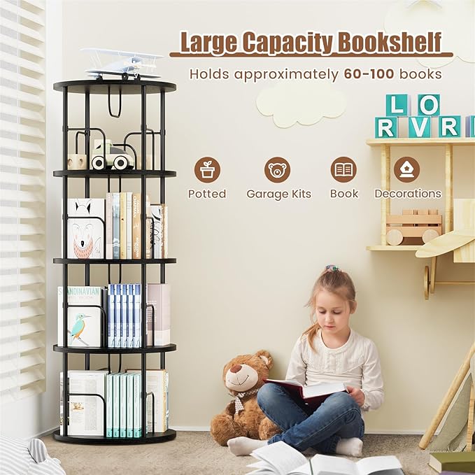 ALLSTAND Rotating Bookshelf, 4 Tier Spinning Bookshelf Tower, 360° Display Round Bookcase, Floor Standing Corner Revolving Bookshelf Organizer Storage Rack for Small Spaces, Home Study Office, Black