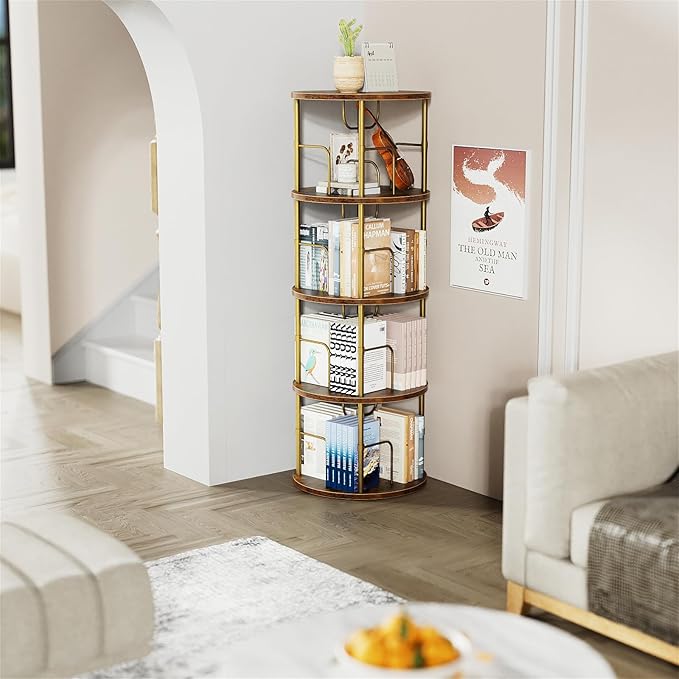 ALLSTAND Rotating Bookshelf, 4 Tier Spinning Bookshelf Tower, 360° Display Unique Round Bookcase, Floor Standing Corner Revolving Bookshelf Storage Organizer for Small Spaces, Home Study Office, Gold