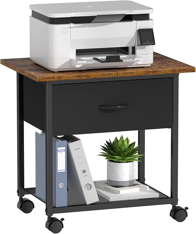 DAOUTIME 2-Tier Printer Stand with Storage Drawer, Under Desk Printer Table with Shelves, Mobile Printer Cart on Wheels for Small Spaces/Home Office, Fits 3D Printer Scanner, Rustic Brown and Black