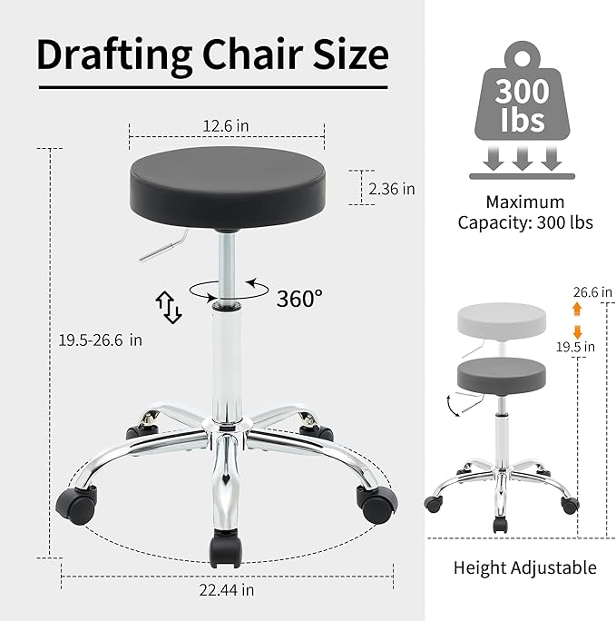 FIRAVOE Rolling Office Stools, Adjustable Drafting Stool on Wheels 19.5"-26.6", Black Ergonomic Office Chair (Black)