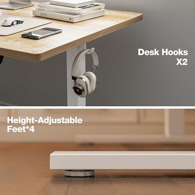 Grandder 55x32 Large Electric Standing Desk, Height Adjustable Computer Desk with 2 Memory Presets, 31.5" Deep Desktop Sit Stand Desk Home Office Desk Workstation Table with Hooks, Oak