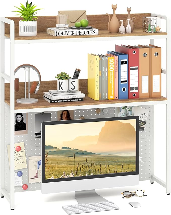 Giantex Desktop Bookshelf, 2-Tier Desk Hutch Dorm with Pegboard for up to 32" Computer Monitor, Industrial Countertop Storage Organizer Rack, Desk Shelf for Home Office (Natural)