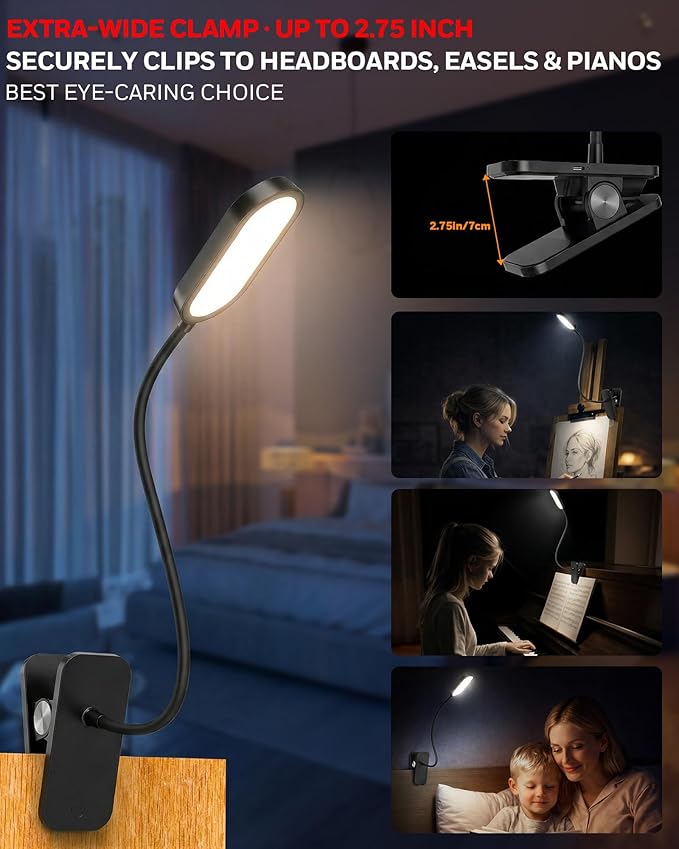 Honeywell Clip On Desk Lamp, Rechargeable Reading Light with Touch Control, Stepless Dimming, Portable Lamp for Desk, Bedside, Study