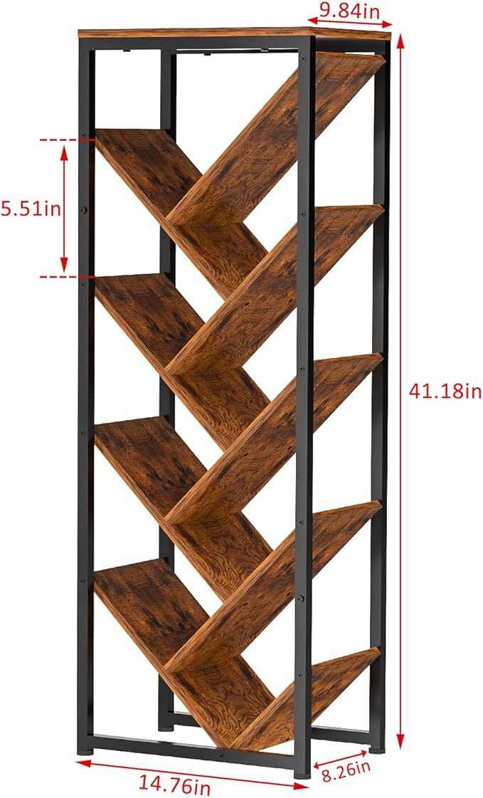 Cutogxon Tree Bookshelf - 9 Tier Floor Standing Tree Book Storage Organizer with Adjustable Feet for Hardcover Books, Vintage Living Room, Corne,Small Space, Patent Pending