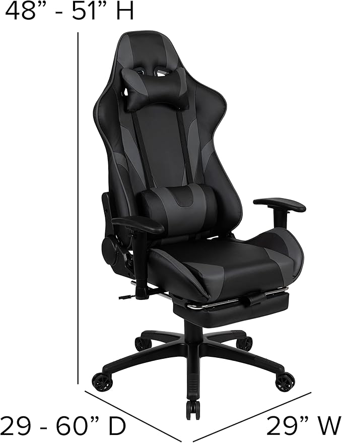 EMMA + OLIVER Black/Gray Gaming Desk Set - Cup/Headset Holder/Reclining & Footrest