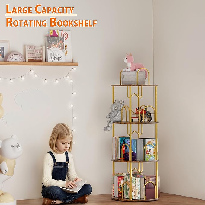 3 Tier Rotating Bookshelf, 360° Spinning Bookshelf Tower, Narrow Corner Book Shelf, Revolving Bookcase Corner Tall Book Shelf for Small Spaces, Bedroom, Living Room, Brown