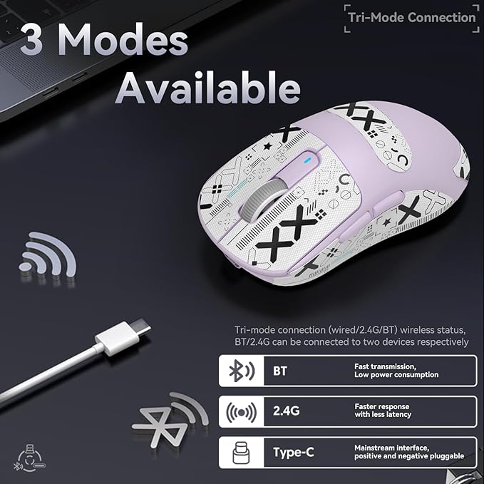 MAMBASNAKE x Attack Shark Wireless Gaming Mouse, 49g Ultralight, PixArt PAW3395 26000 DPI, Bluetooth/2.4Ghz /Wired Tri-Mode, 200Hrs Rechargeable Battery, Kailh GM8.0 Switch for PC/MAC/Win, Purple&Tape