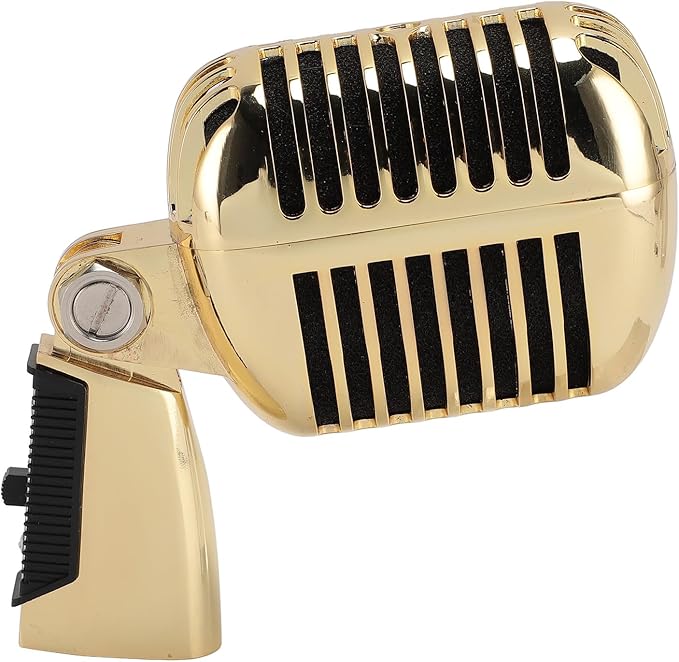 Classic Retro Microphone, Vintage Dynamic Microphone, Zinc Alloy Self Tensioning Rotating Rack, Unidirectional Cardioid Mic, Universal Stand Compatible (Golden)