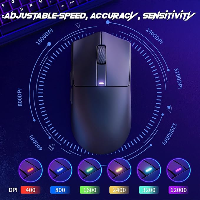 RisoPhy Superlight Wireless Gaming Mouse, 62g Dual Macro-Switches Gaming Mouse, 3-Mode Wireless/USB-C/Bluetooth Mouse with Adjustable 12000DPI, 5 Programmable Buttons Computer Mouse for PC/Mac-Black