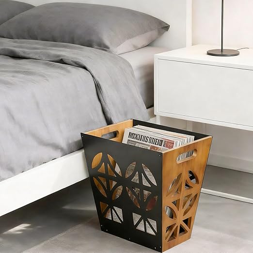 Wood Office Trash Can,Retro Bedroom Trash Can Decorative Bathroom Waste Basket with Handle Small Paper Wastebasket Rectangular Reclaimed Iron and Wood Storage Basket