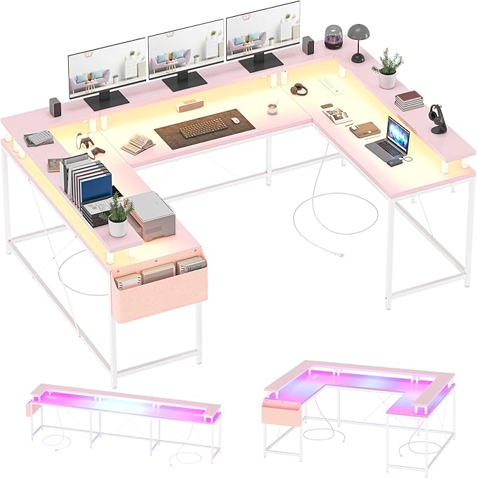 Jojoka U-Shaped Computer Desk with Power Outlets & RGB LED Lights - Reversible l-Shaped Office Desk, Full Monitor Stand, Modern Home Office Workstation, 600lbs Capacity 79",Game Desk, Pink