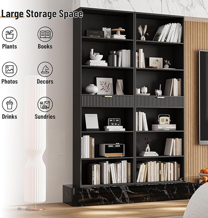 INNOD 7-Tier Bookshelf with Storage, 72" Tall Bookcase with Drawer, Display Book Shelf Book Organizer with Anti-tip Device, Home Decor Wood Furniture for Office, Bedroom, Living Room, Black